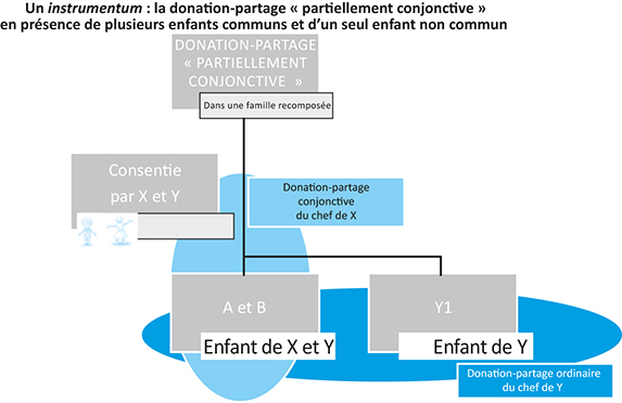 co3-a3526-fig002 Schéma d'un instrumentum : la donation-partage "partiellement conjonctive" en présence de plusieurs enfants-communs et d'un seul enfant non commun